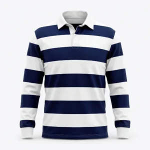 Custom Rugby Shirt – Navy & White Hoops Navy and white hooped rugby shirt