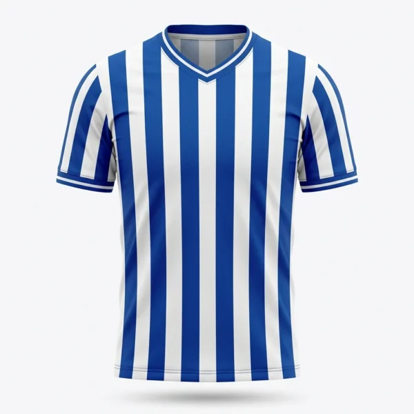 Blue and white striped soccer jersey