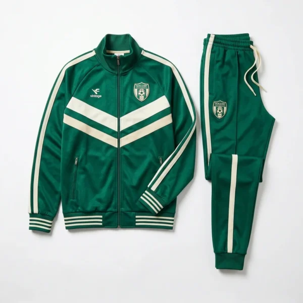 Green retro soccer tracksuit with cream stripes
