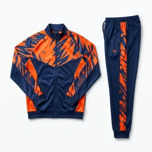 Navy and orange abstract print soccer tracksuit