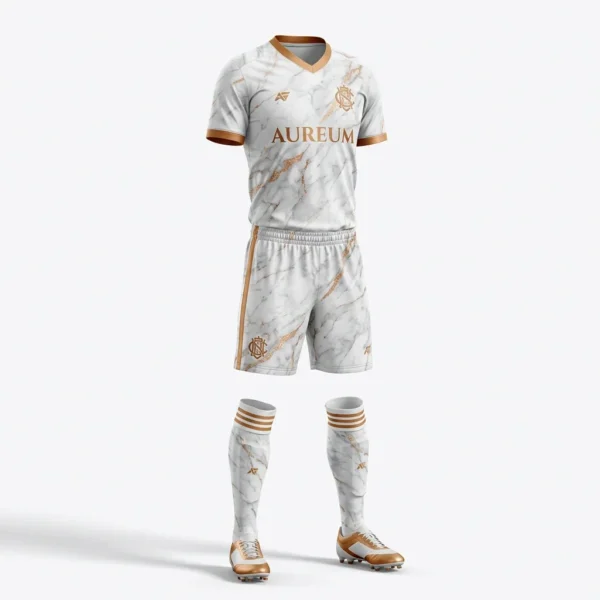 Custom Soccer Uniform – White Marble & Gold White marble soccer kit with gold trim