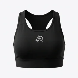 Custom Sports Bra – Black with Logo Black racerback sports bra with logo