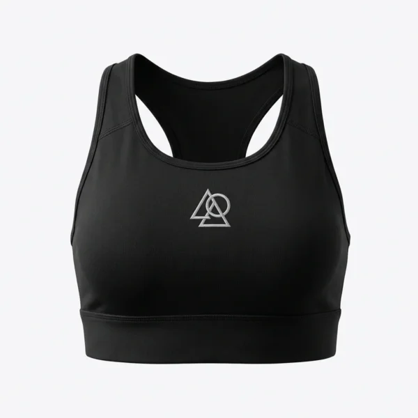 Custom Sports Bra – Black with Logo Black racerback sports bra with logo