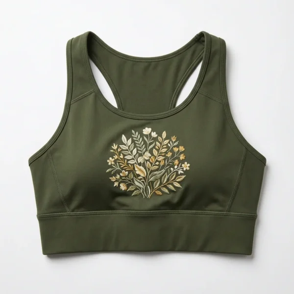 Olive sports bra with floral embroidery