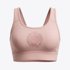Custom Sports Bra – Blush Embossed Crest Blush pink sports bra with embossed crest