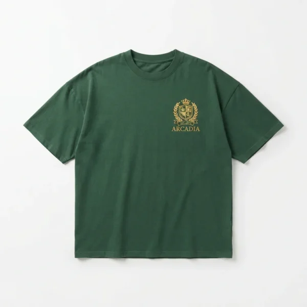 Green t-shirt with gold embroidered crest