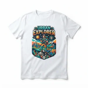 White t-shirt with explorer graphic