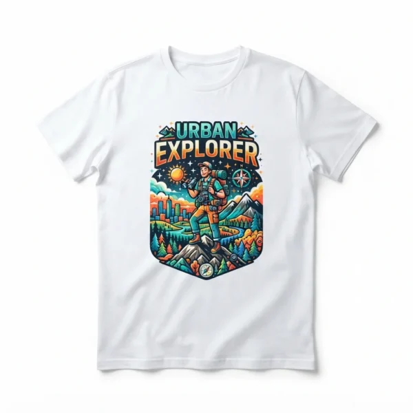 Custom Streetwear T-Shirt – White Explorer Graphic White t-shirt with explorer graphic