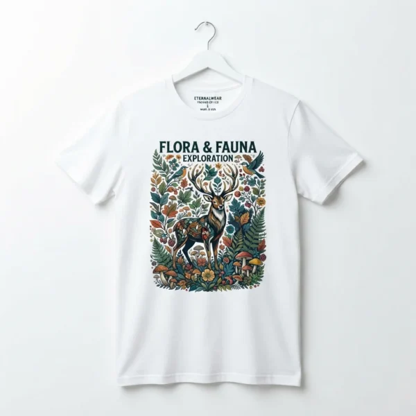 White t-shirt with deer and botanical graphic