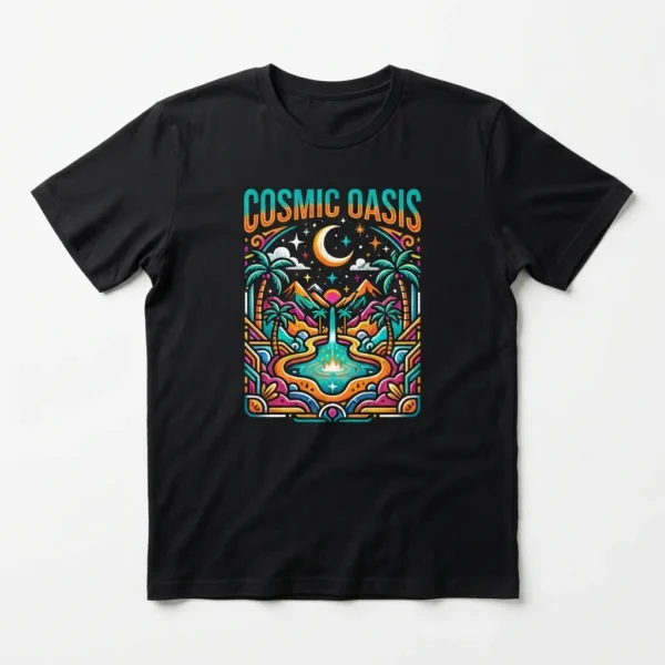 Custom Streetwear T-Shirt – Black Cosmic Oasis Black t-shirt with cosmic oasis graphic
