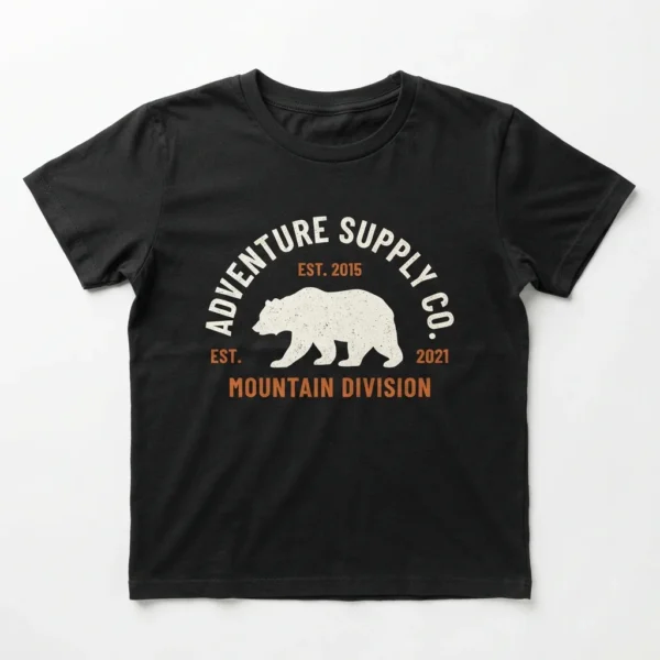 Custom Streetwear T-Shirt – Black Adventure Bear Black t-shirt with bear and arch print