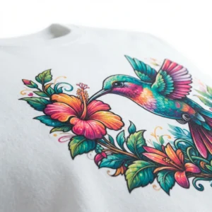 DTF hummingbird print detail on t-shirt
