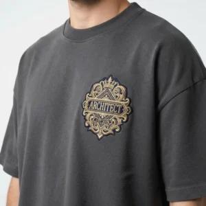 Charcoal t-shirt with embroidered badge on model