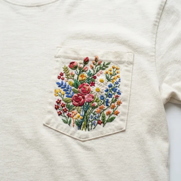 Cream pocket t-shirt with floral embroidery
