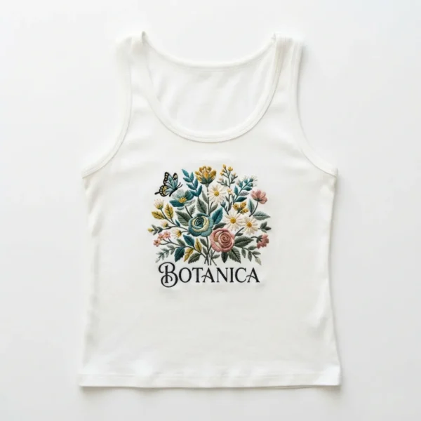 Custom Tank Top – White Botanical Print White tank top with botanical print