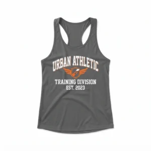 Charcoal racerback tank with athletic print