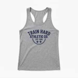 Grey racerback tank with train hard print