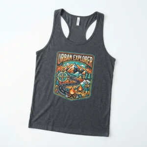Charcoal racerback tank with explorer badge