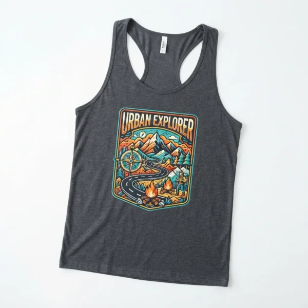 Custom Tank Top – Charcoal Explorer Badge Charcoal racerback tank with explorer badge