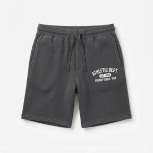 Charcoal sweat shorts with athletic print
