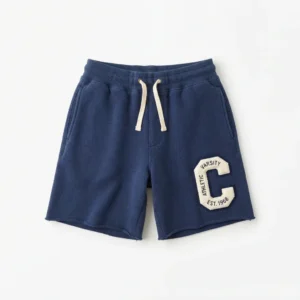 Navy sweat shorts with chenille letter