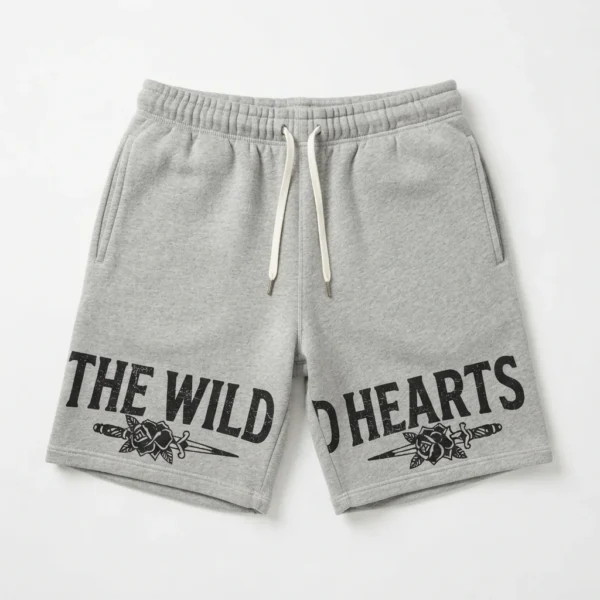 Custom Sweat Shorts – Grey Wild Hearts Print Grey sweat shorts with large slogan print