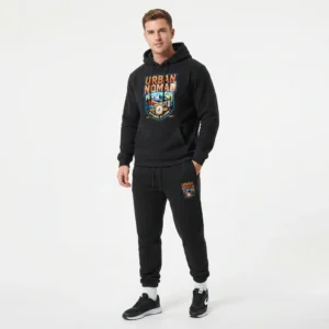 Black hoodie and jogger set on model