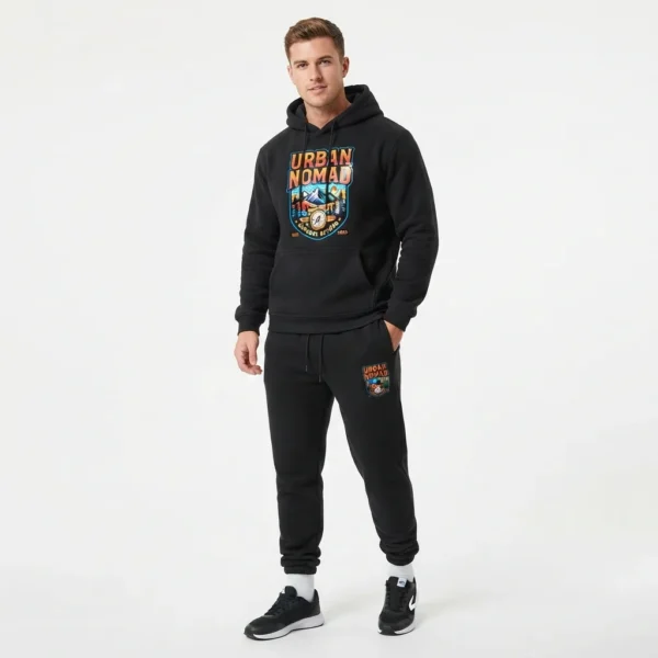 Black hoodie and jogger set on model