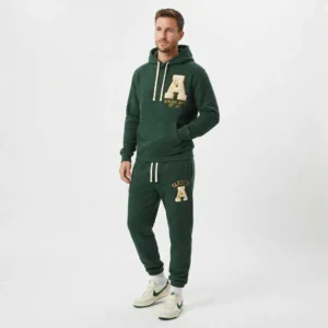 Green hoodie and jogger set with chenille letters