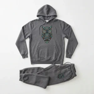 Charcoal hoodie and jogger set with owl graphic