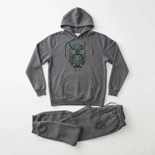 Custom Hoodie & Jogger Set – Charcoal Owl Graphic Set Charcoal hoodie and jogger set with owl graphic