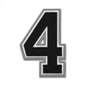 Custom Tackle Twill Number Patch – Black & Silver Number 4 Black and silver tackle twill number 4 patch