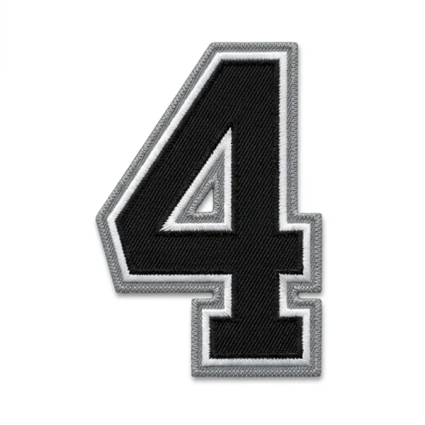 Custom Tackle Twill Number Patch – Black & Silver Number 4 Black and silver tackle twill number 4 patch