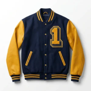 Navy and gold varsity jacket with tackle twill number