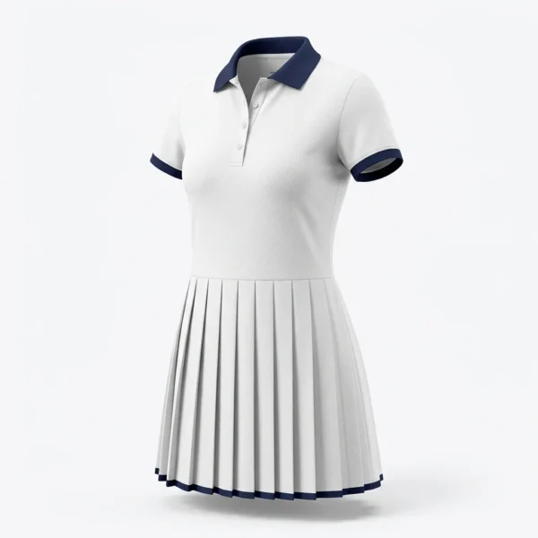 Custom Tennis Wear – White Polo Dress with Navy Trim White tennis polo dress with navy trim