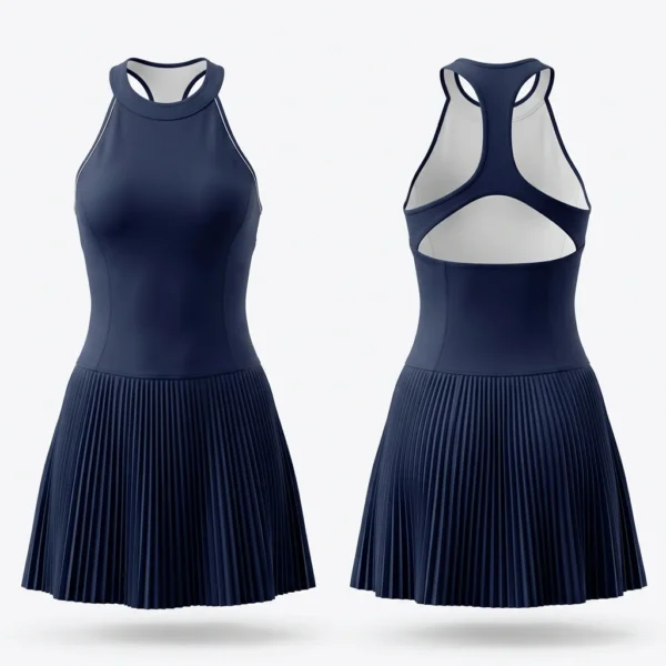 Custom Tennis Wear – Navy Halter Pleated Dress Navy halter pleated tennis dress