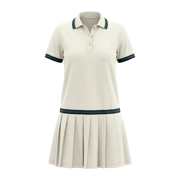 Custom Tennis Wear – Cream Polo Dress with Green Stripe Cream tennis polo dress with green stripe