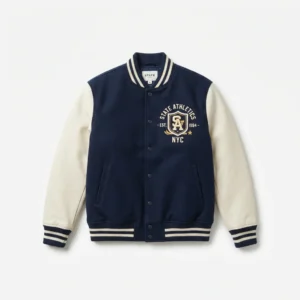 Navy and cream varsity jacket with crest