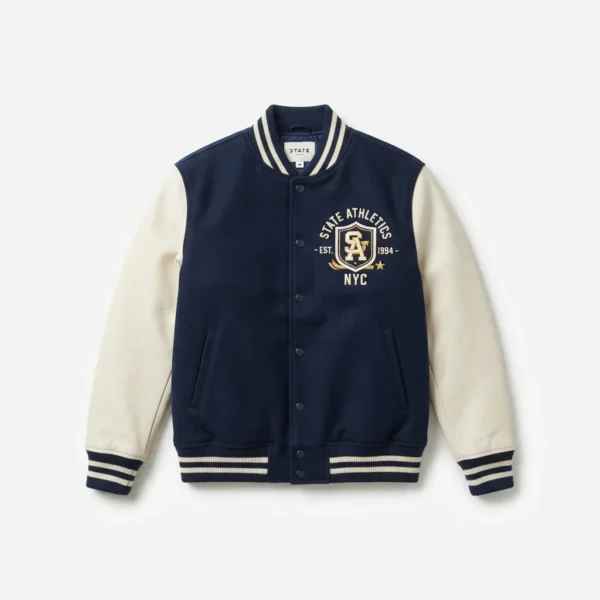 Navy and cream varsity jacket with crest