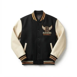 Black and cream varsity jacket with mascot