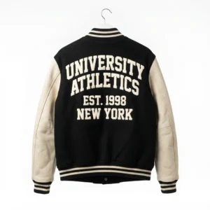 Black varsity jacket with back lettering