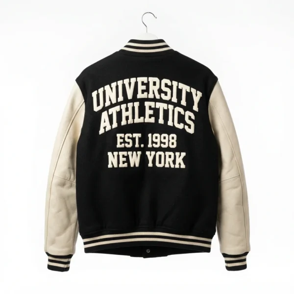 Black varsity jacket with back lettering