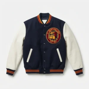 Navy varsity jacket with tiger crest