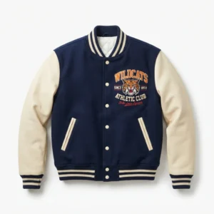 Navy varsity jacket with wildcat chest patch