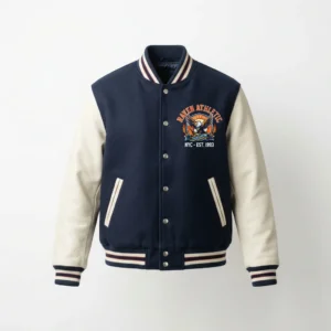 Navy varsity jacket with small crest