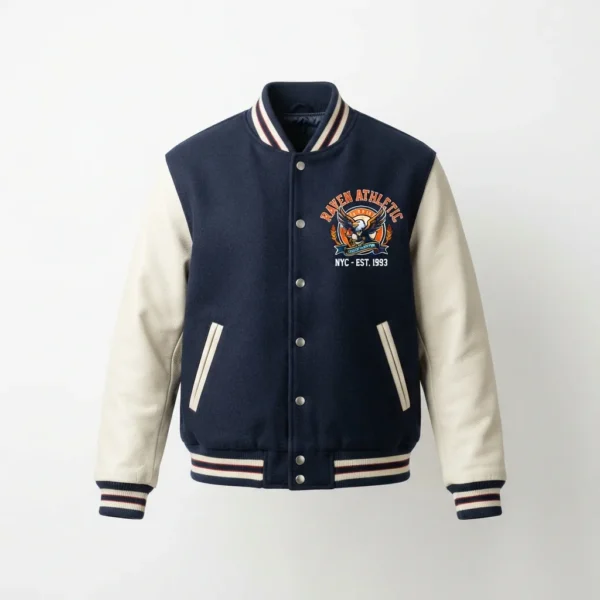 Custom Varsity Jacket – Navy Small Chest Crest Navy varsity jacket with small crest