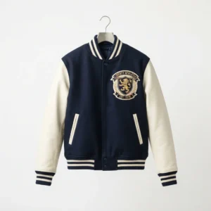 Navy varsity jacket with round patch