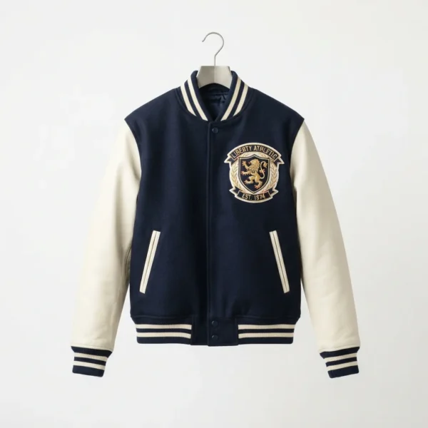 Navy varsity jacket with round patch
