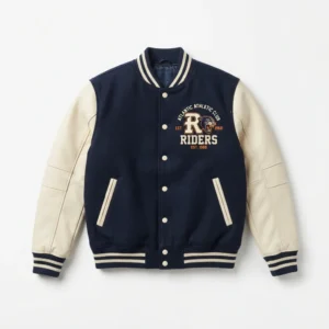 Navy varsity jacket with chenille letter