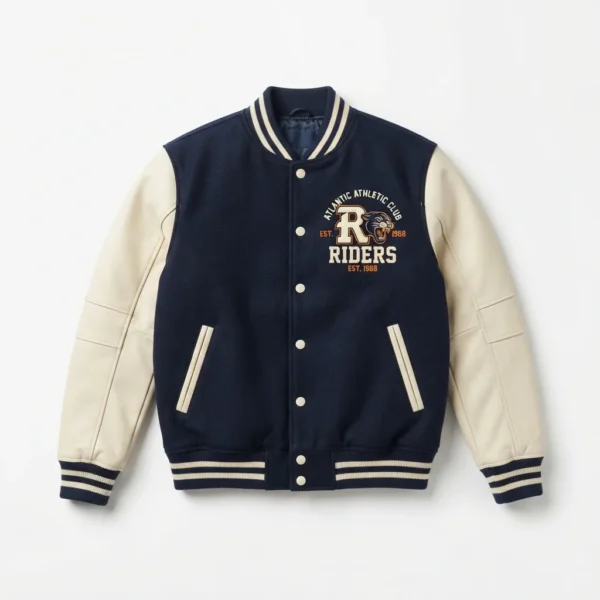 Custom Varsity Jacket – Navy Letter R Navy varsity jacket with chenille letter